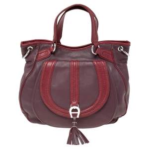 Pre Owned Aigner Purple/Burgundy Leather And Lizard Embossed Leather Front Pocket Satchel