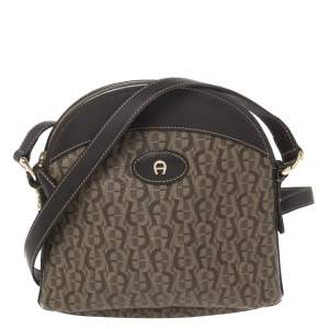 Pre Owned Aigner Brown Monogram Coated Canvas & Leather Dome Crossbody Bag