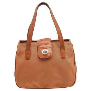 Pre Owned Aigner Orange Nylon and Croc Embossed Leather Tote