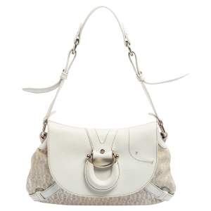 Pre Owned Aigner White Signature Canvas and Leather Buckle Flap Shoulder Bag