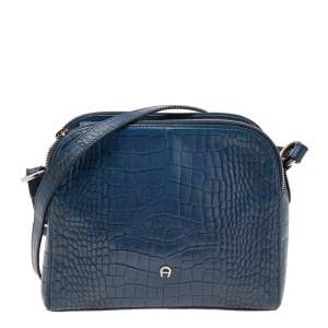 Pre Owned Aigner Blue Croc Embossed Leather Shoulder Bag