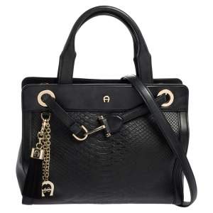 Pre Owned Aigner Black Croc Embossed Leather Cavallina Tote