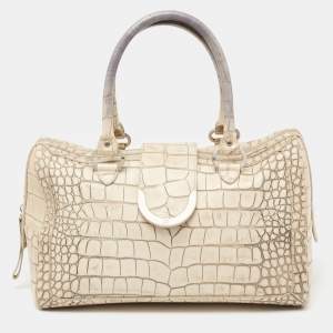 Aigner Vanilla/Black Croc Embossed Leather Flap Satchel