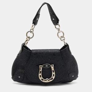 Aigner Black Crinkled Patent Leather Baguette Bag