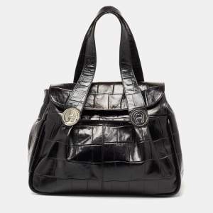 Aigner Black Croc Embossed Leather Satchel