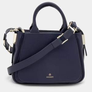 Pre Owned Aigner Navy Blue Leather Vittoria Tote