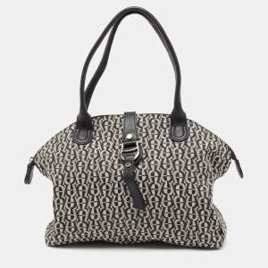 Pre Owned Aigner Black/Grey Signature Canvas And Leather Top Zip Satchel