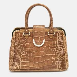 Pre Owned Aigner Brown Croc Embossed Leather Flap Frame Satchel