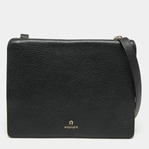 Pre Owned Aigner Black Leather Flap Crossbody Bag