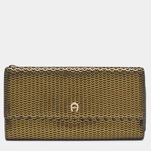 Pre Owned Aigner Olive Green Foil Leather Continental Wallet