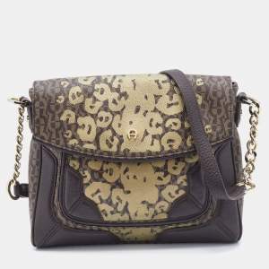 Pre Owned Aigner Brown/Beige Coated Canvas and Leather Shoulder Bag