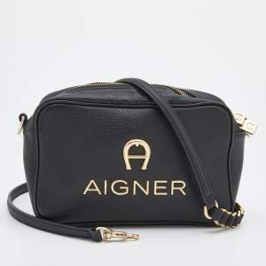 Pre Owned Aigner Black Leather Bombe A Camera Crossbody Bag