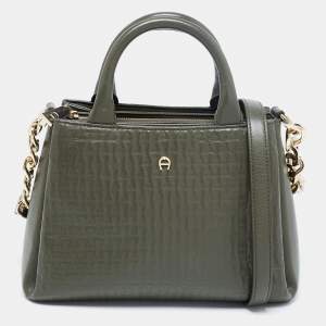 Pre Owned Aigner Olive Green Logo Embossed Leather Olivia Tote