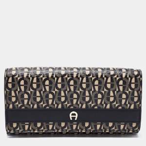 Pre Owned Aigner Black/Beige Monogram Coated Canvas and Leather Continental Wallet