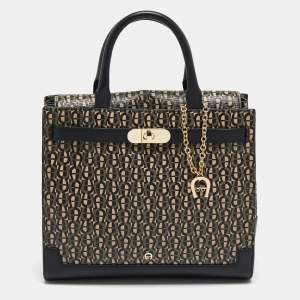 Aigner Black Monogram Coated Canvas and Leather Charm Tote
