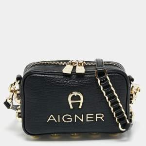 Pre Owned Aigner Black Leather Bombe A Camera Crossbody Bag