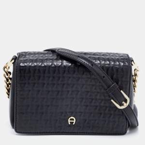 Pre Owned Aigner Black Leather Flap Crossbody Bag