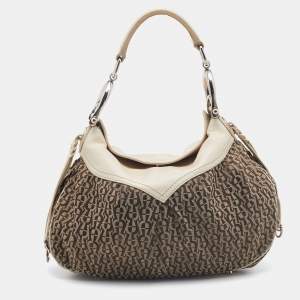 Aigner Off White/Brown Leather and Signature Canvas Shoulder Bag