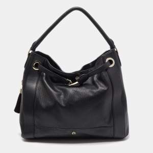 Pre Owned Aigner Black Leather Cavallina Hobo