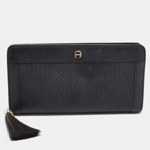 Aigner Black Woven Leather Cavallina Zip Around Continental Wallet