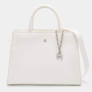 Aigner White Grained Leather Cybill Tote