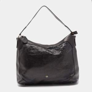 Aigner Black Embossed Leather Zip Hobo
