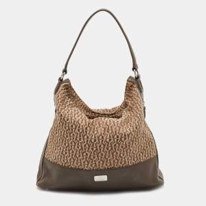 Aigner Beige/Brown Monogram Canvas and Leather Side Zip Hobo