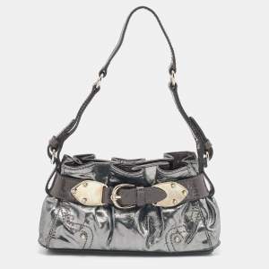 Pre Owned Aigner Metallic Grey Shimmering Patent and Leather Baguette Bag