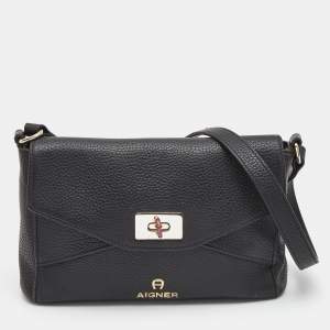 Aigner Black Grained Leather Turnlock Flap Crossbody Bag