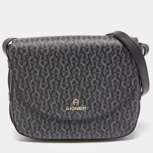 Aigner Black/Grey Signature Coated Canvas and Leather Flap Crossbody Bag 