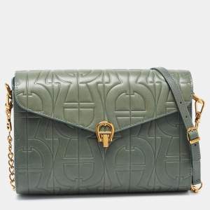 Aigner Green Logo Embossed Leather Pria Chain Shoulder Bag