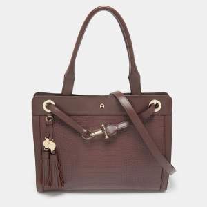 Aigner Burgundy Croc Embossed Leather Cavallina Top Handle Bag