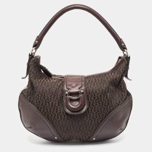 Aigner Dark Brown Monogram Canvas and Leather Buckle Flap Hobo