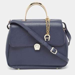 Aigner Navy Blue Leather Genoveva M Top Handle Bag 