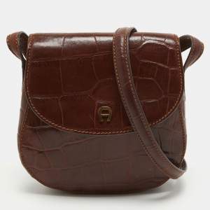 Aigner Dark Brown Croc Embossed Leather Logo Flap Crossbody Bag 