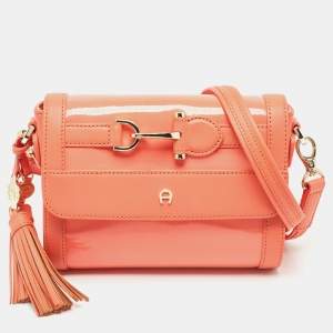 Aigner Peach Patent and Leather Clasp Flap Shoulder Bag