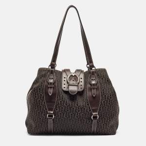 Aigner Dark Brown Monogram Canvas and Leather Buckle Flap Tote