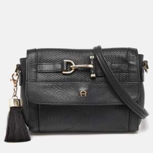 Aigner Black Textured Leather Cavallina Crossbody Bag