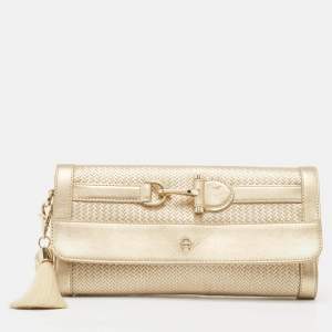 Aigner Gold Embossed Leather Cavallina Flap Clutch 