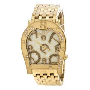 Pre Owned Aigner Yellow Mother of Pearl Gold Plated Steel Ravenna Nuovo A25100 Women's Wristwatch 33 mm