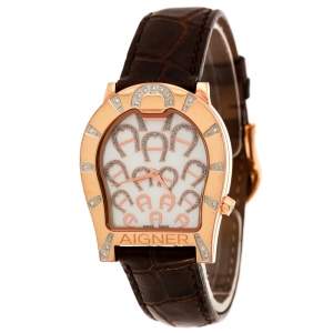 Pre Owned Aigner Mother of Pearl Rose Gold Plated Diamonds Verona A01100 Women's Wristwatch 33 mm