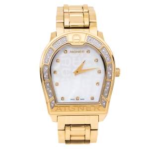 Pre Owned Aigner Mother Of Pearl Gold Plated Stainless Steel Verona A48100 Women's Wristwatch 33 mm