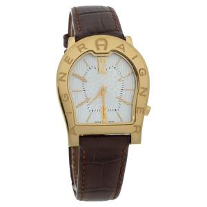 Pre Owned Aigner Silver Yellow Gold Plated Stainless Steel Leather Verona Nuovo A22100 Women's Wristwatch 33 mm