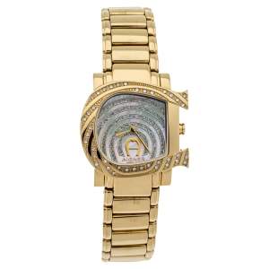 Pre Owned Aigner White Mother of Pearl Gold Plated Stainless Steel Diamonds Genua Due A31600 Women's Wristwatch 31 mm