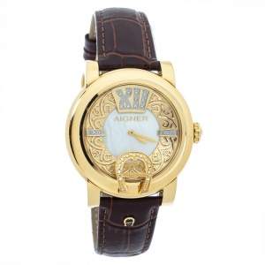 Pre Owned Aigner Mother Of Pearl Gold Plated Stainless Steel Leather Diamond Bari Donna A37200 Women's Wristwatch 41 mm