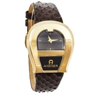 Pre Owned Aigner Brown Gold Plated Stainless Steel Leather Venezia A39200 Women's Wristwatch 36 mm