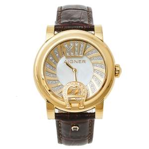 Aigner Mother Of Pearl Gold Plated Stainless Steel Leather Diamond Bari Donna A37200 Women's Wristwatch 41 mm