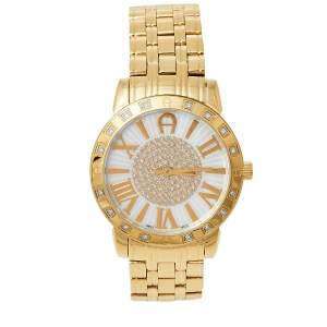 Pre Owned Aigner Mother of Pearl Gold Tone Stainless Steel Diamond Cortina A26300 Women's Wristwatch 36 mm