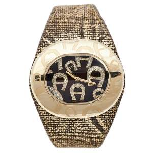 Aigner Brown Gold Plated Stainless Steel Leather Ravello Due A21000 Women's Wristwatch 43 mm