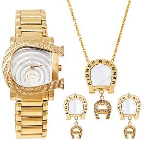 Aigner MOP Gold Plated Stainless Steel Diamonds Genua Due A31600 Women's Wristwatch 34 mm Set with Necklace & Earring